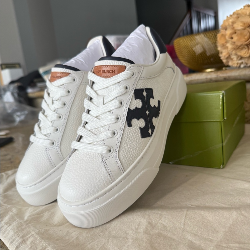 Tory Burch White and Navy Platform Sneakers - Picture 3 of 9
